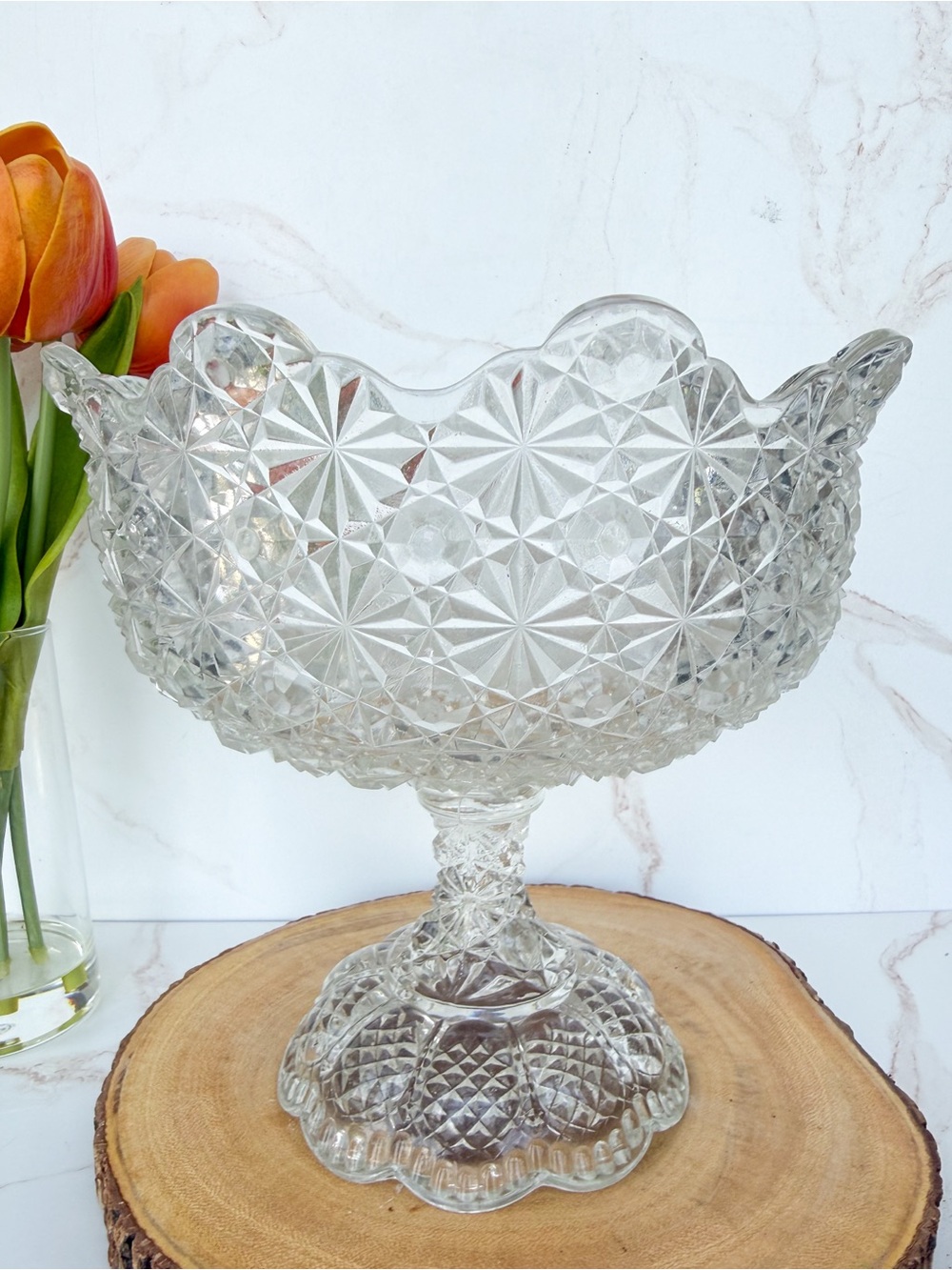 Vintage Daisy & Button Early American Pressed Glass Tall Open Compote
